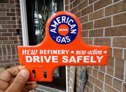 original AMERICAN GAS “ORANGE” Automobile Car Metal LICENSE PLATE TOPPER Sign