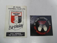 VFL AFL FOOTBALL ST.KILDA 1986 SEASON TICKET PASS 21st & 1997 MEMBERSHIP STICKER