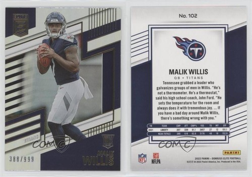2022 Panini Donruss Elite Rookies 388/999 Malik Willis #102 3c2 - Picture 3 of 3