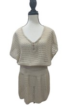 Cream Open Knit Mini Dress Boho Beach Cover Up Coastal Cottagecore Festival SZ L