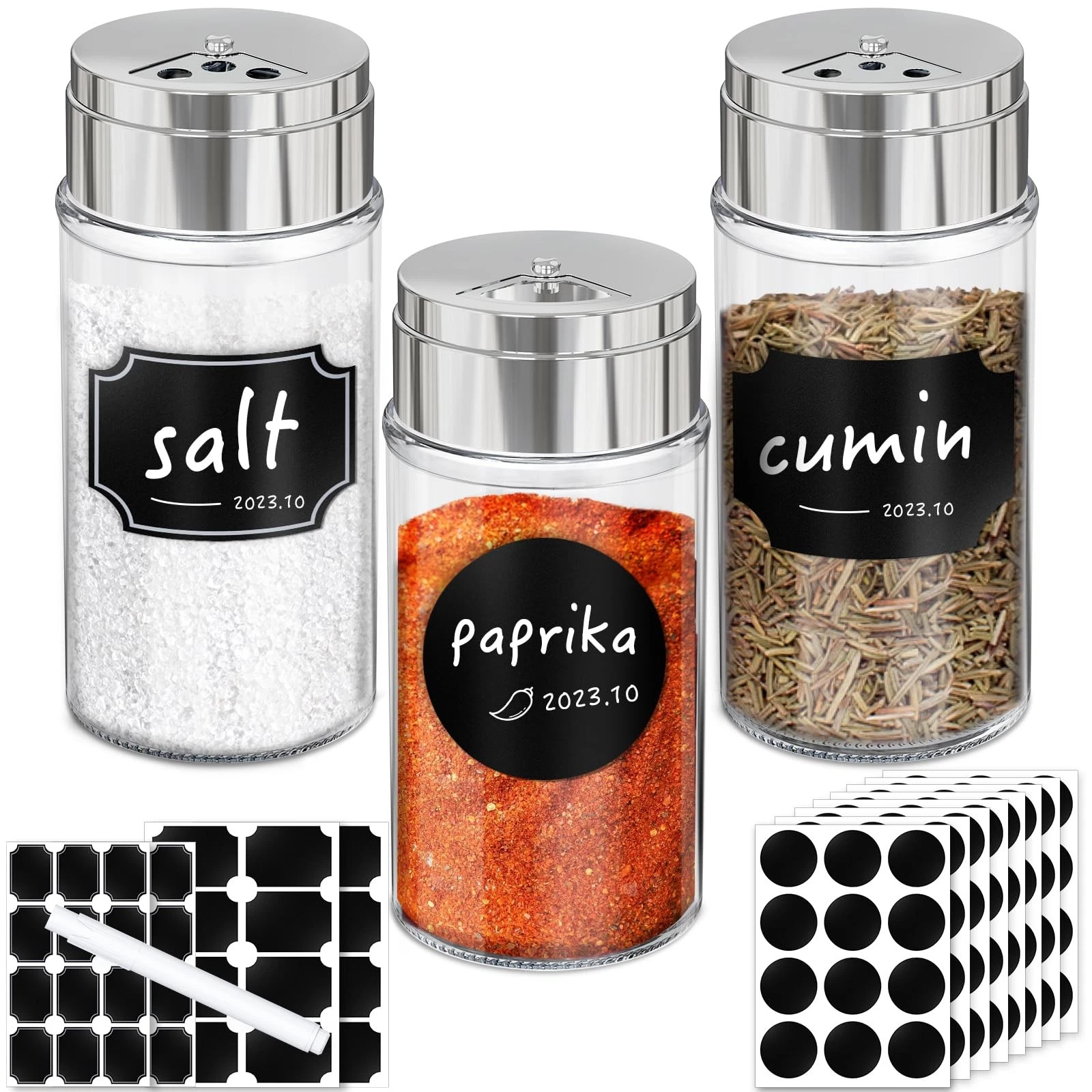 Spice Jars with Label Set, 3 Pack 4oz Spice Shakers with Adjustable Pour Larg...