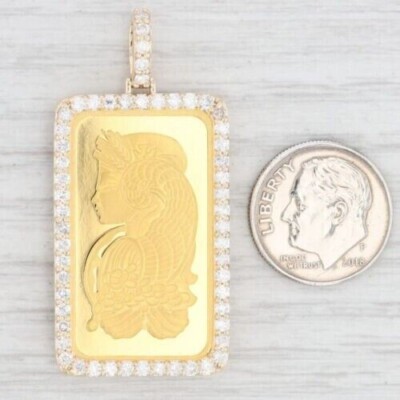 2Ct Round Real Moissanite Fortuna Swiss Gold Bar Pendant 14k Yellow Gold Plated