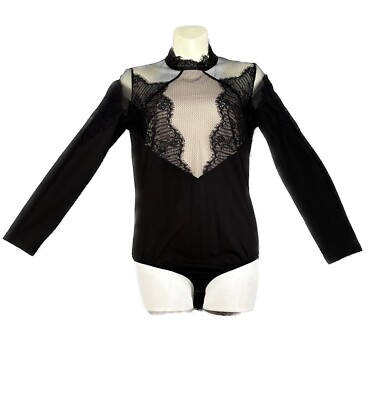 AREFEVA Women's Long Sleeve Black/Beige rib-knit Lace Bodysuit TOP Sz Large