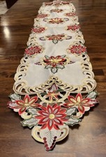 Christmas Table Runner Poinsettias Green, Red Gold, Sequined, Satin 69x14