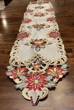 Christmas Table Runner Poinsettias Green, Red & Gold, Sequined, Satin 69x14