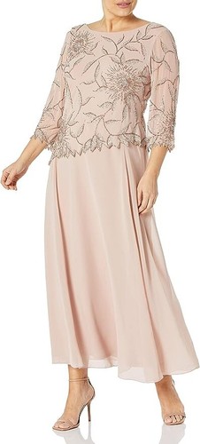 J Kara Women's Petite Scoop Neck Line with 3/4 Sleeve Beaded Top Long Dress - 第 1/2 張圖片