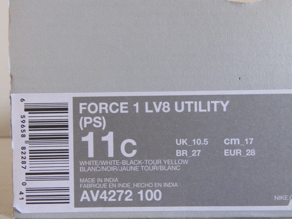 NIKE AIR FORCE 1 LV8 UTILITY (PS) WHITE-BLACK-TOUR YELLOW SZ 11c
