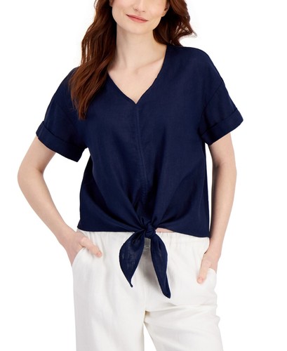 Charter Club Luxury Women's Linen V-Neck Short Sleeve Tie Front Blue Top Size S - 第 1/3 張圖片