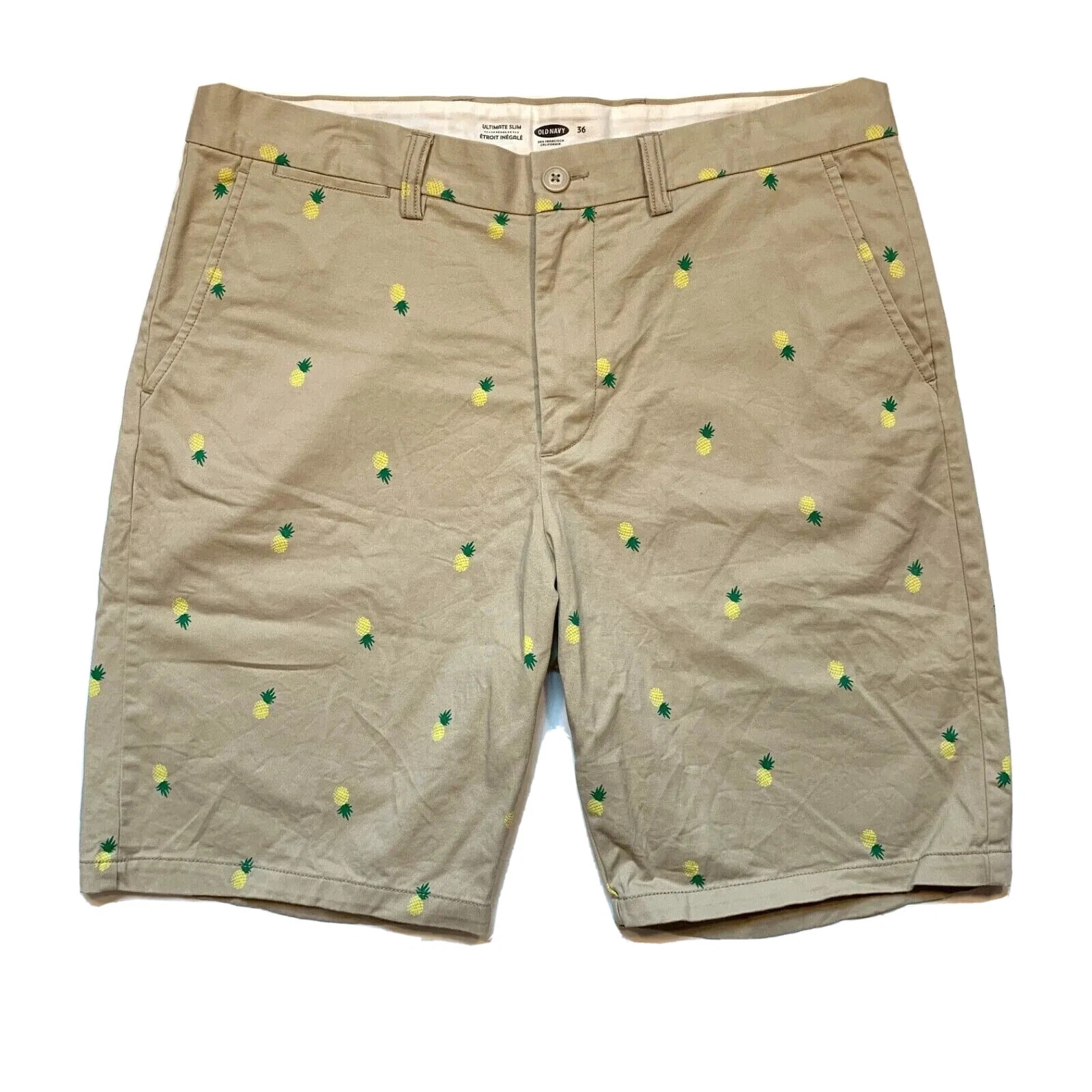 NEW Old Navy Shorts Mens 36 Beige Pineapples Chino Ultimate Slim Stretch