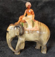 VINTAGE 1930s ART DECO LARGE PLASTER CHALKWARE INDIAN  ELEPHANT & MAHOUT / RIDER