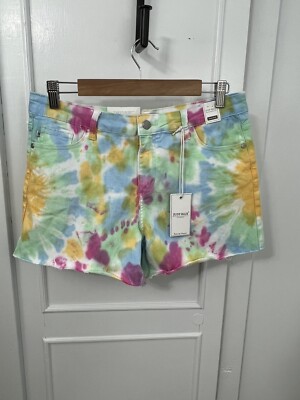 Judy Blue Women's Denim Shorts Raw Hem Rainbow Tie-Dye Sz Large Stretch 