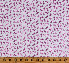 Cotton Pink Ribbons Breast Cancer Awareness White Fabric Print by Yard D777.24
