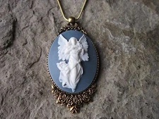 GUARDIAN ANGEL CAMEO ANTIQUED GOLD TONE NECKLACE  - RELIGIOUS - XMAS, EASTER