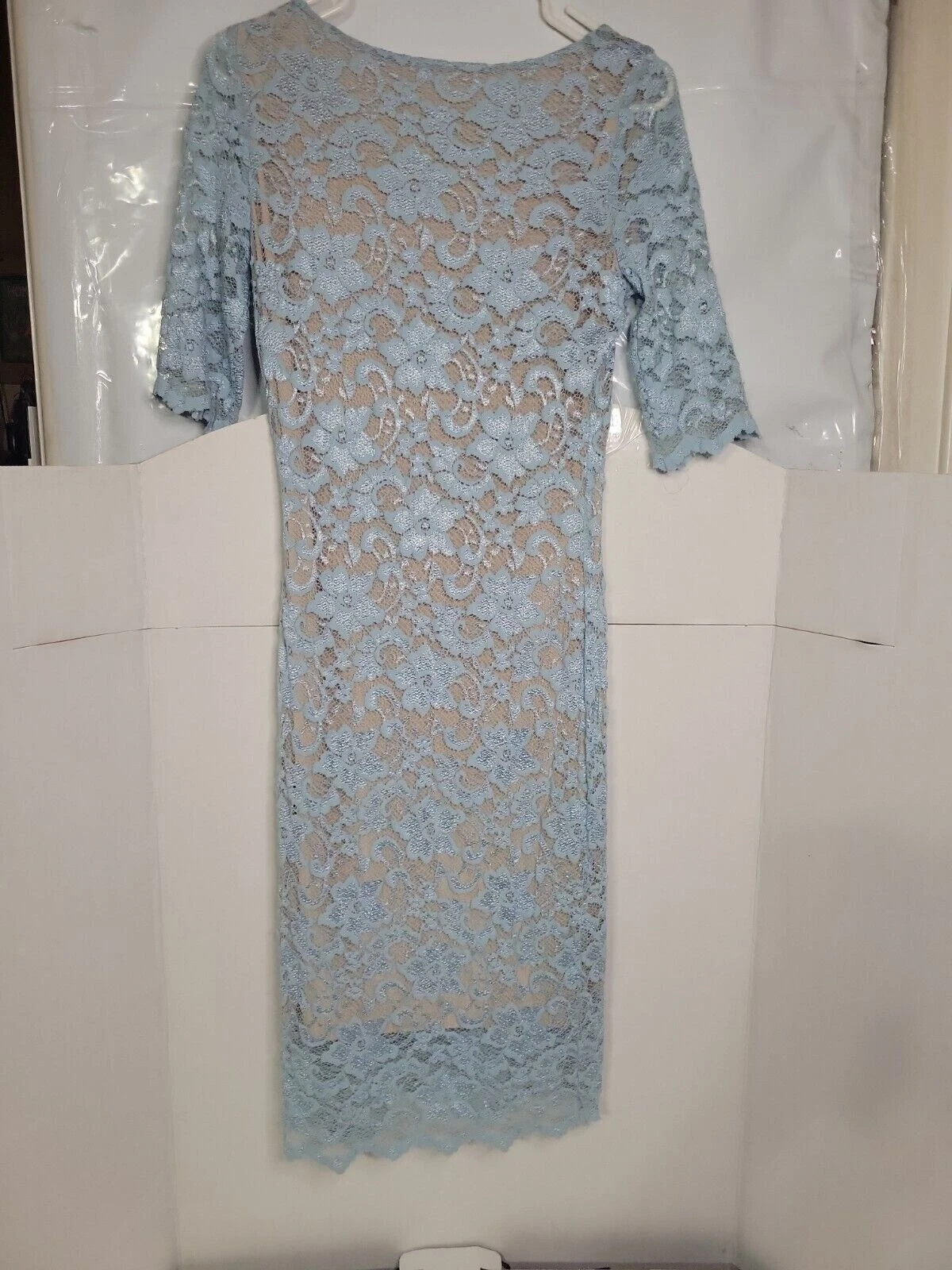 VETEMENTS Abito da cocktail Belle Badgley Mischka blu floreale pizzo tubino festa taglia 4