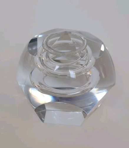 CESKA HEAVY CRYSTAL , ROUND W/FACETED Top ART GLASS PAPERWEIGHT, Signed - 第 1/6 張圖片