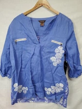Multiples Size L Blue Linen Embroidered Floral Roll Sleeve Top Shirt Womens