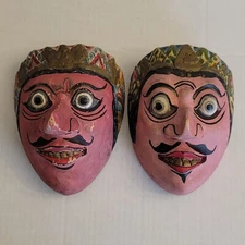 Vintage Folk Art Masks Hand Carved Wooden Set Painted Indonesian Topeng Masks