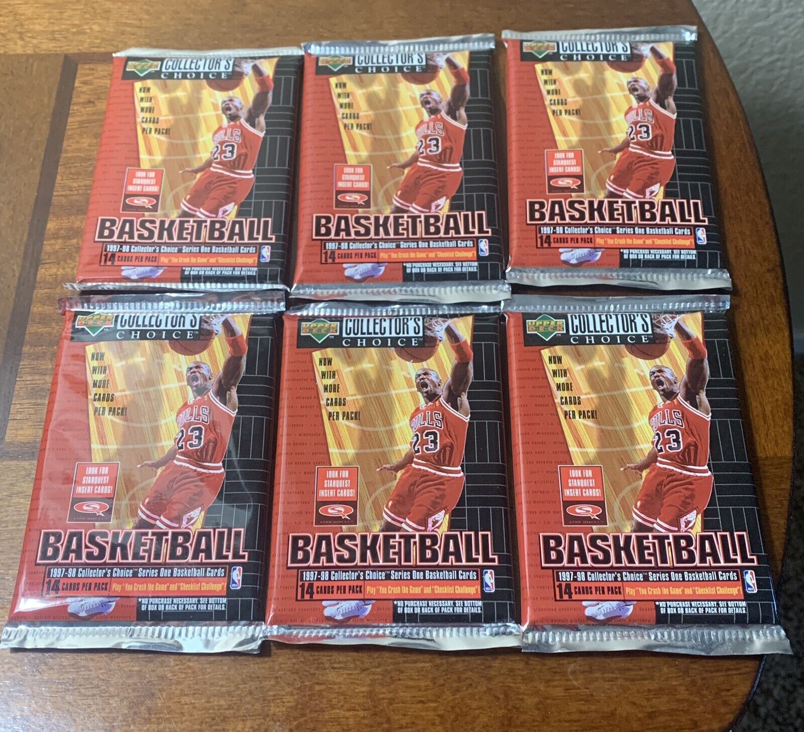 6 x 1997-98 Upper Deck Collectors Choice Series 1 Basketball Pack with 14 cards