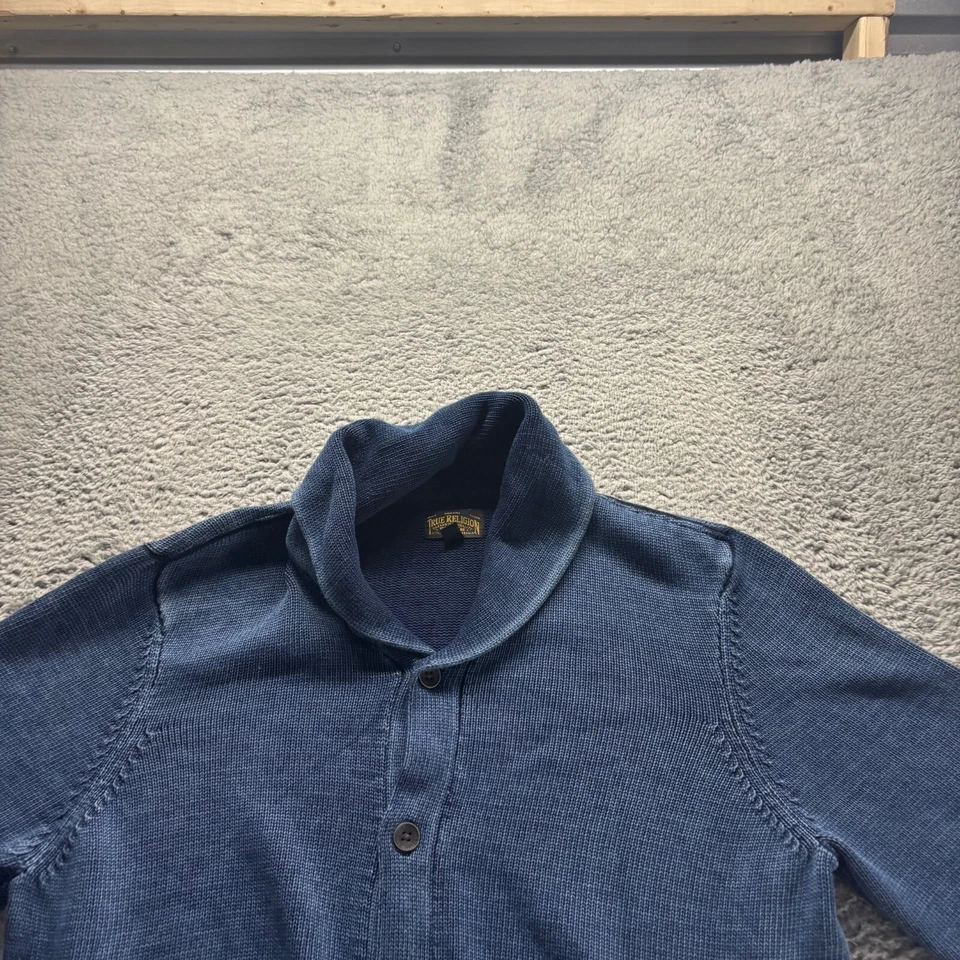 Suéter True Religion Para Hombres 3XL Azul Algodón Abotonado Cable Tejido Capucha Cuello Foto 2 de 4