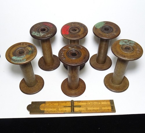 ANTIQUE lot 6 same larger thread wood spools primitive industrial empty bobbin - Picture 4 of 5