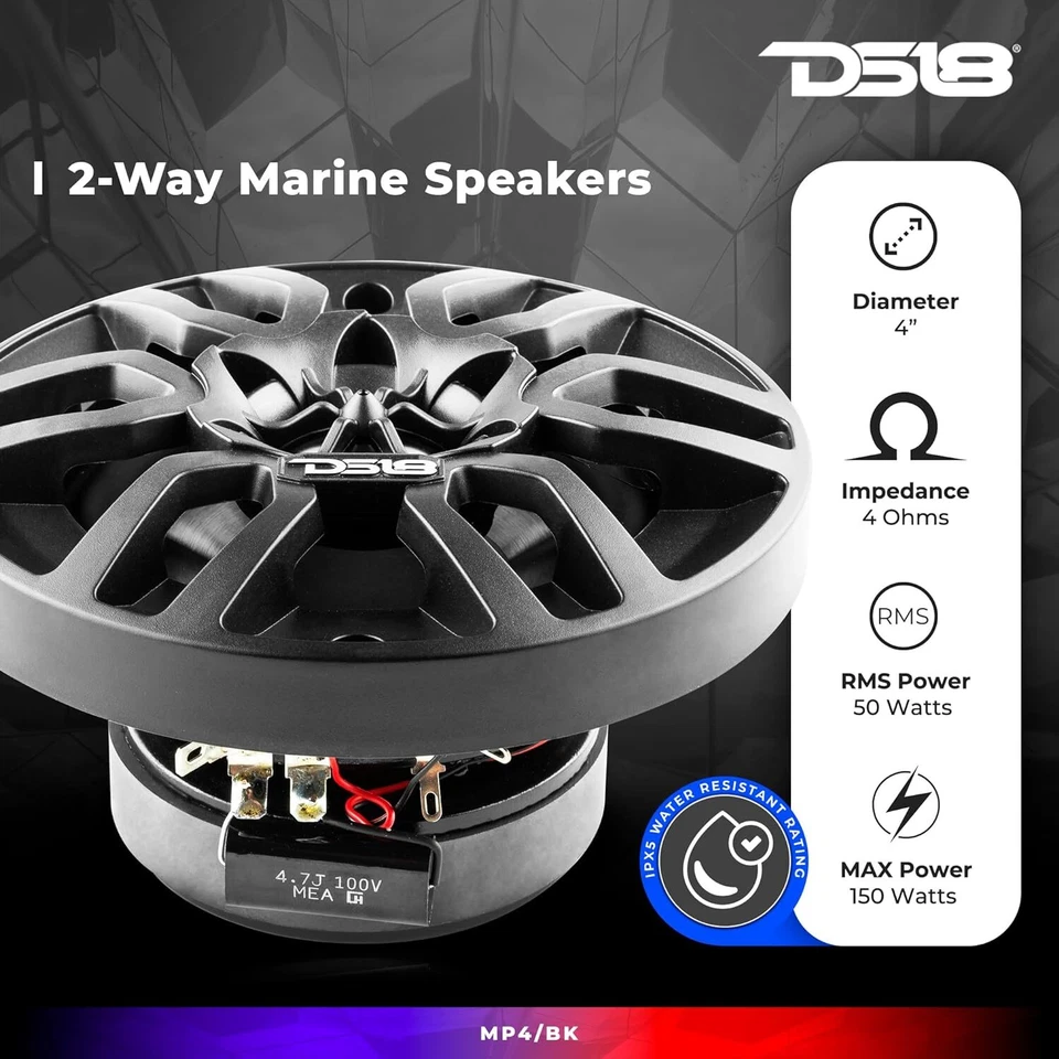 DS18 4" 2-Way Marine Speakers Bundle with Amplifier and Bluetooth Receiver - Image 4 of 4