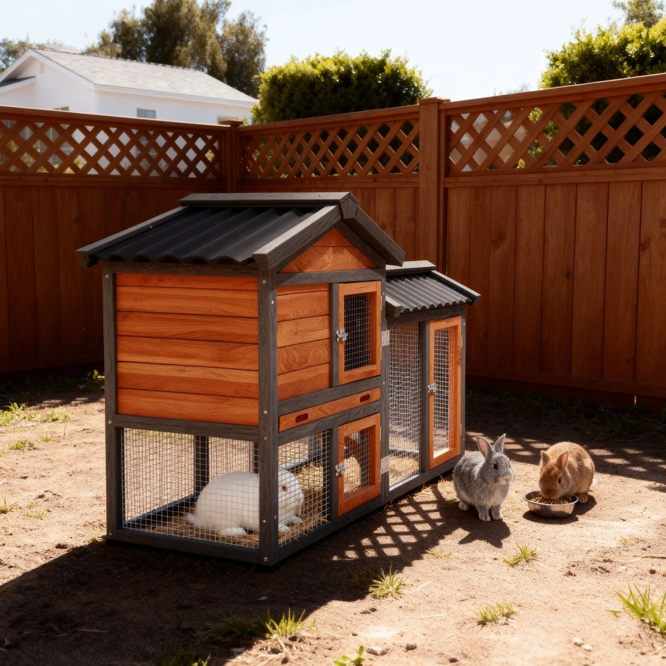 Wooden Rabbit Hutch with Run - Outdoor Indoor Bunny Cage and Chicken Coop House - Image 3 of 4