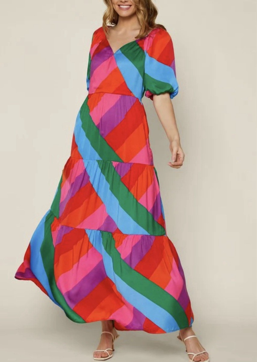 skies are blue maxi dress Iliana Rainbow Tiered Faux Wrap Large Festival Boho Sky blue floral maxi