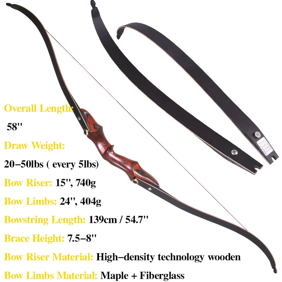 58" ILF Recurve Bow 20-50lbs Takedown Wooden Riser Limbs Archery Bow Hunting - Image 3 of 4