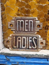 VINTAGE ART DECO RESTROOM SIGN MENS LADIES CAST IRON BAR RESTAURANT TOILET PAIR