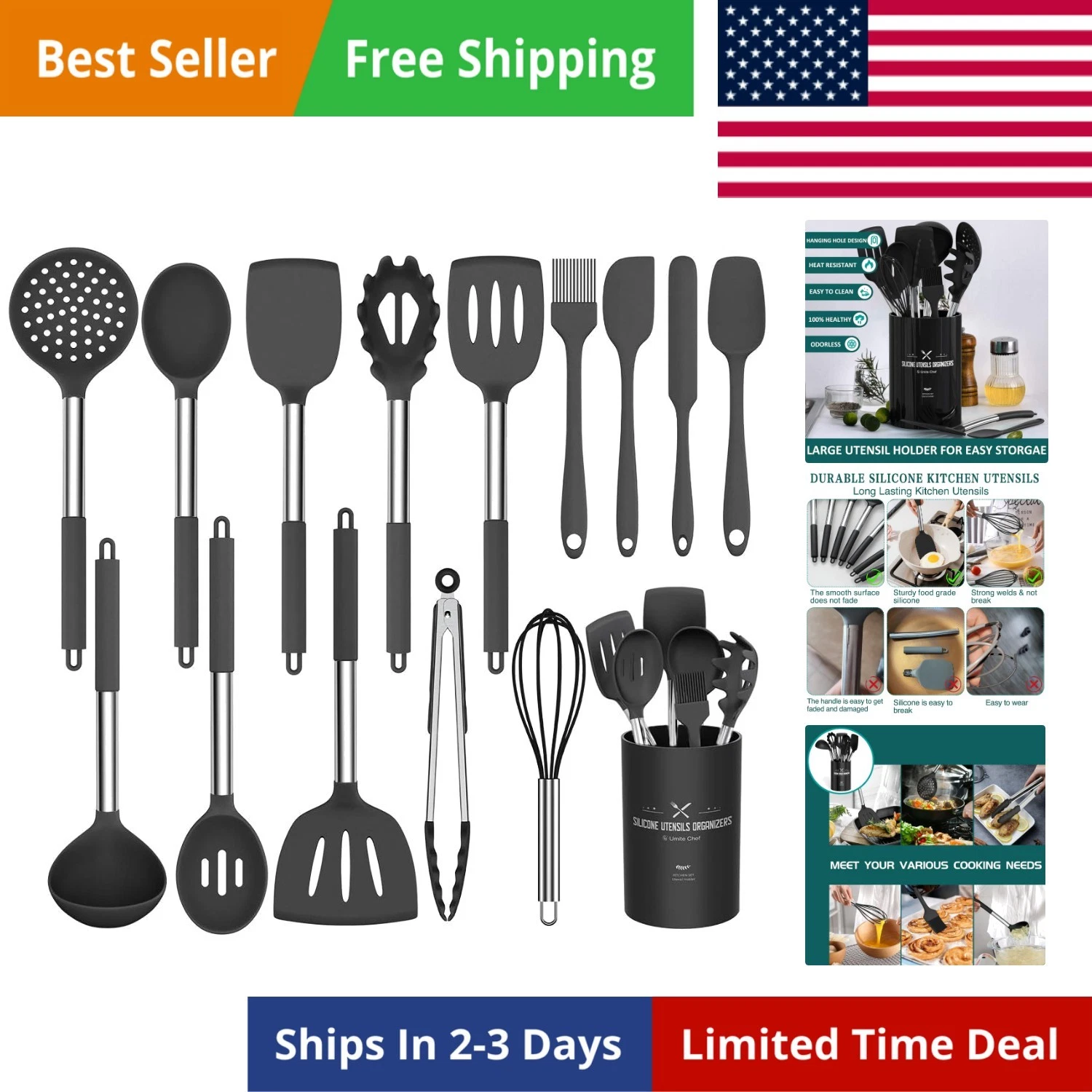 Silicone Cooking Utensil Set, 15pcs Silicone Cooking Kitchen Utensils Set, No...