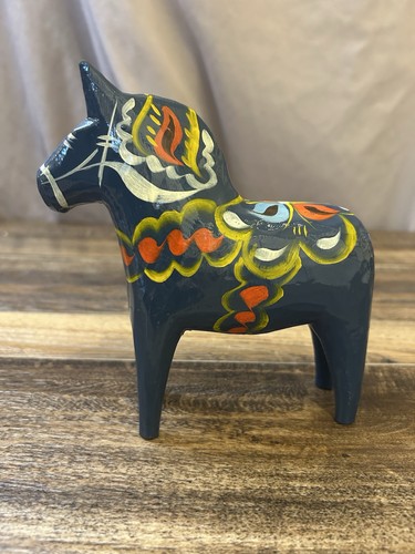 Vintage Nils Olsson Blue Swedish Dala Horse Folk Art w/ Label 6"