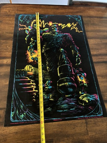Frankenstein BLACKLIGHT POSTER 32" NOS vintage anni 70 floccato NOS Nate Owens 1975 - Foto 2 di 11