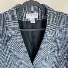 Vintage Talbots Wool Weekend Blazer Women Size 14 Blue Gray Windowpane Long Line