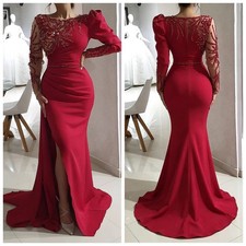 Red Mermaid Ball Dress Beaded Crystal Long Sleeve Satin Lace Party Evening Gown