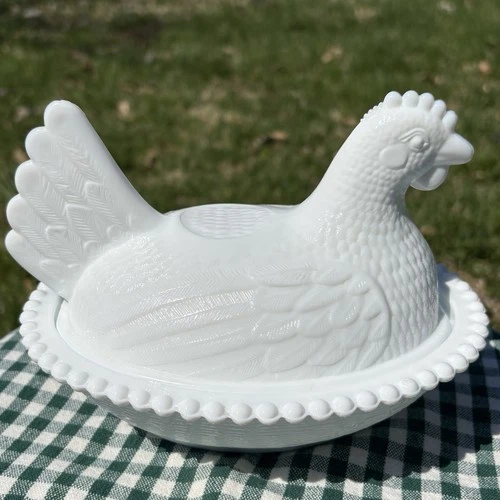 Indiana Glass Hen on a Nest 7" Beaded Milk Glass White Vtg Covered Candy Dish