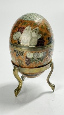 Cloisonné Large Egg Box Brass Floral Green Enamel w/Tri-Pod Brass Stand 3pc