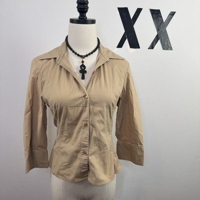 Vintage Y2K Express Taupe Fitted Stretch 3/4 Sleeve Button Up Top Clean Girl 5/6