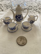 Miniature Blue  White Tea Set, Teapot, Sugar  Creamer 2 Cups  Saucers