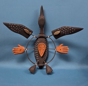 Alaska Native Glenn Tootkaylok Carved Wood with Soapstone Loon Bird Spirt Mask