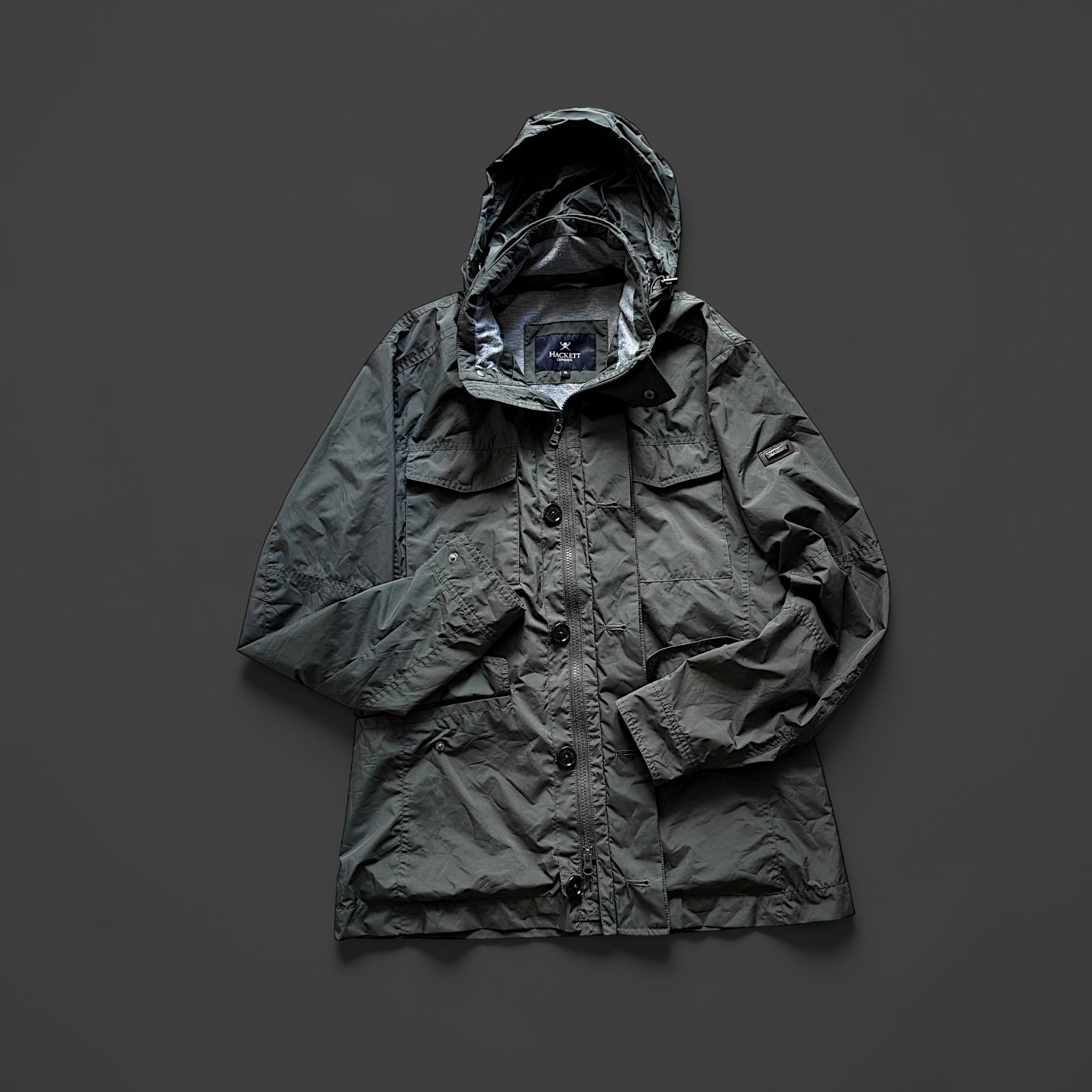 Hackett London Raincoat Jacket Olive Nylon Size M Gently Used Excellent image 3