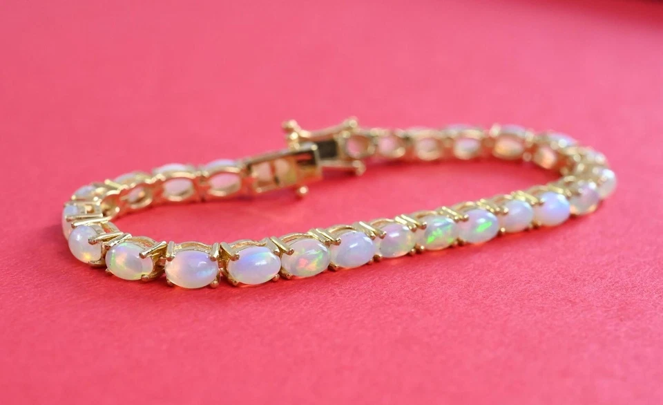 Brazalete de tenis ovalado de ópalo de fuego Welo etíope natural de oro amarillo de 14k 7 pulgadas Foto 3 de 4