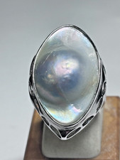 Sterling Silver Ring with Large Oval Abalone or Pearlized Inlay 7.6g Sz 7