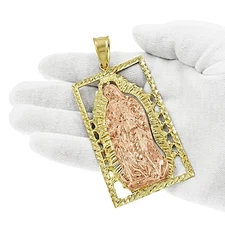 10K Yellow Rose Gold Virgin Mary Lady Guadalupe Pendant Charm 3.6 inch