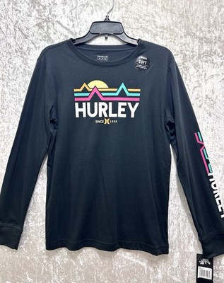 Hurley Long Sleeve Shirt Boys XL Black Neon Retro Sunset Skater Tee NWT