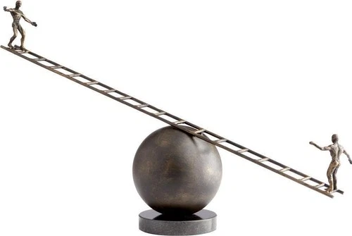 Eclectic Bronze Sculpture of Men Balancing on Orb - Picture 1 of 4