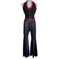 Vintage 90's Curtain Call Black Red Sequins Halter Flare Jumpsuit Dance Costume