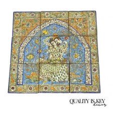 Antique Persian Iznik Qajar Style Ceramic Pottery Tile Man Woman Mosaic Set C6
