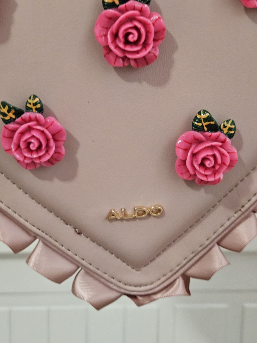ALDO Heart-Shaped Crossbody Purse w/ Pink Roses & Green Leaves NWT