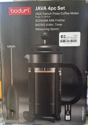 BODUM JAVA 4pc Set French Press Coffee Maker K1908 NEW Open Box Milk Frother
