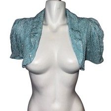 Vtg 40s Blue White Floral Quilted Cropped Bolero Bed Jacket Lingerie Short Sleev